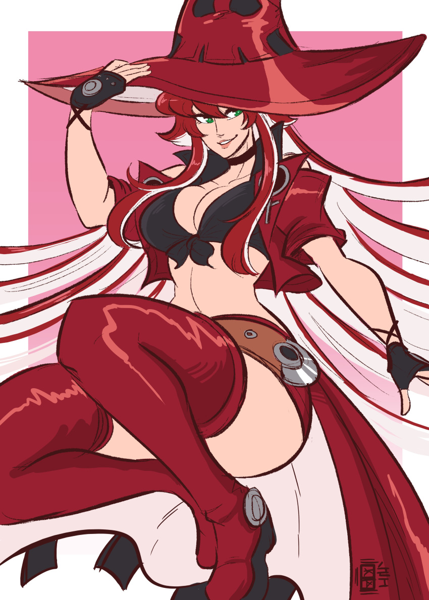 absurdres belt black_gloves boots breasts cleavage cosplay crop_top cropped_jacket female fingerless_gloves gloves green_eyes guilty_gear guilty_gear_strive hair_between_eyes hat high_collar highres i-no i-no_(cosplay) jack-o'_valentine jacket long_hair medium_breasts multicolored_hair navel overskirt parted_lips red_footwear red_hair scruffyturtles skirt solo thigh_boots two-tone_hair very_long_hair witch_hat