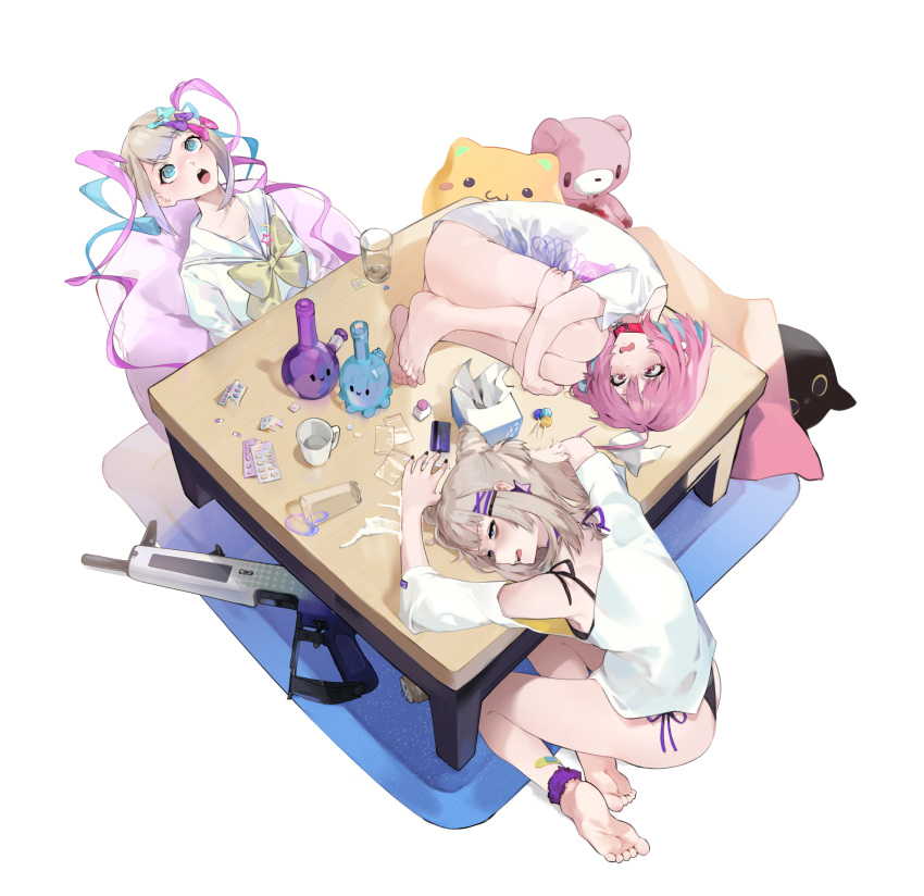 3girls :o aa-12 aa-12_(girls'_frontline) aa-12_(smokeless_lollipop)_(girls'_frontline) ankle_scrunchie arms_on_table bad_id bags_under_eyes bandaid bandaid_on_leg barefoot black_bra black_panties blue_eyes blue_hair blush bong bow bowtie bra can candy carpet cat-shaped_pillow chouzetsusaikawa_tenshi-chan cocaine collar colored_inner_hair commentary cone_hair_bun credit_card crossover cup drill_hair drinking_glass drugged drugs earrings english_commentary feet fetal_position food girls'_frontline gloomy_bear gun hair_bun hair_ornament hairclip head_on_table highres hugging_own_legs idolmaster idolmaster_cinderella_girls jewelry lollipop long_hair long_sleeves lsd lying md5_mismatch mug multicolored_hair multiple_girls needy_girl_overdose oerba_yun_fang off-shoulder_shirt off_shoulder on_side on_table open_mouth packet palzden panties pill pill_earrings pink_collar pink_eyes pink_hair platinum_blonde_hair purple_scrunchie sailor_collar saliva school_uniform scrunchie serafuku shirt short_hair shotgun side-tie_panties sidelocks sitting soles spill star_(symbol) star_hair_ornament stuffed_animal stuffed_toy t-shirt table tears teddy_bear tissue tissue_box twin_drills underwear very_long_hair weapon white_sailor_collar white_serafuku white_shirt yellow_bow yellow_bowtie yumemi_riamu