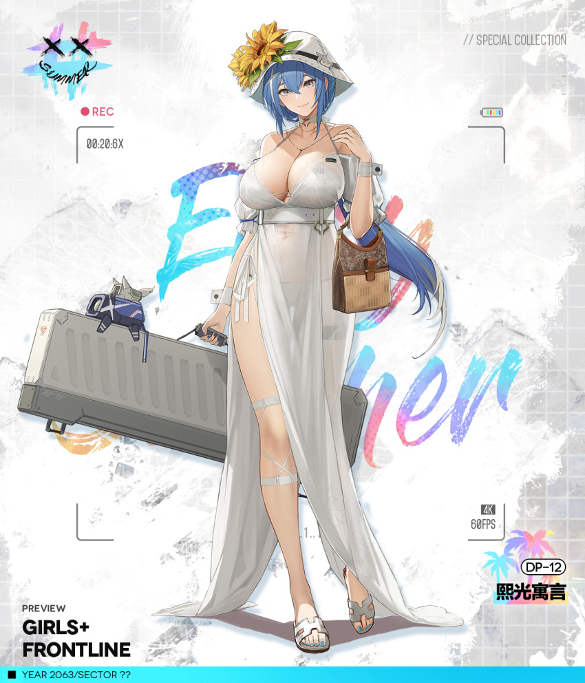 bag bare_shoulders bikini blue_hair blue_nails breasts brown_bag camera_phone character_name cleavage closed_mouth collarbone commentary commentary_request copyright_name dinergate_(girls'_frontline) dp-12_(girls'_frontline) dress english_commentary eyebrows_visible_through_hair female floor flower_hat girls'_frontline grey_eyes hand_up hat highres holding holding_bag holding_case jewelry large_breasts legs long_hair looking_at_viewer multicolored_hair nail_polish necklace official_art pandea_work sandals simple_background smile solo standing summer sun_hat swimsuit toenails viewfinder weapon_case white_bikini white_dress white_headwear white_swimsuit