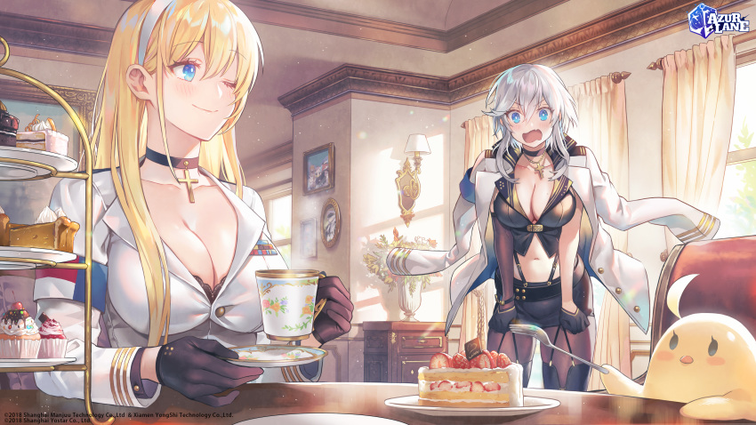 2girls ;) absurdres azur_lane bird black_gloves black_shirt black_skirt blonde_hair breasts brown_pantyhose cake cake_slice chick choker cleavage collarbone crop_top cross cross_choker cross_necklace cup cupcake curtains drawer duplicate food fork gloves hairband highres holding holding_cup holding_fork holding_saucer indoors jacket jacket_on_shoulders jewelry lamp large_breasts lino_chang long_hair long_sleeves manjuu_(azur_lane) md5_mismatch midriff military military_uniform miniskirt mole mole_on_breast mug multiple_girls navel necklace north_carolina_(azur_lane) official_art one_eye_closed open_mouth pantyhose pencil_skirt picture_frame pie pie_slice pixel-perfect_duplicate plate resolution_mismatch saucer shirt skirt smile source_smaller steam stomach strawberry_shortcake suspenders thighhighs tiered_tray uniform v-shaped_eyebrows vase washington_(azur_lane) wavy_mouth white_hair white_jacket window