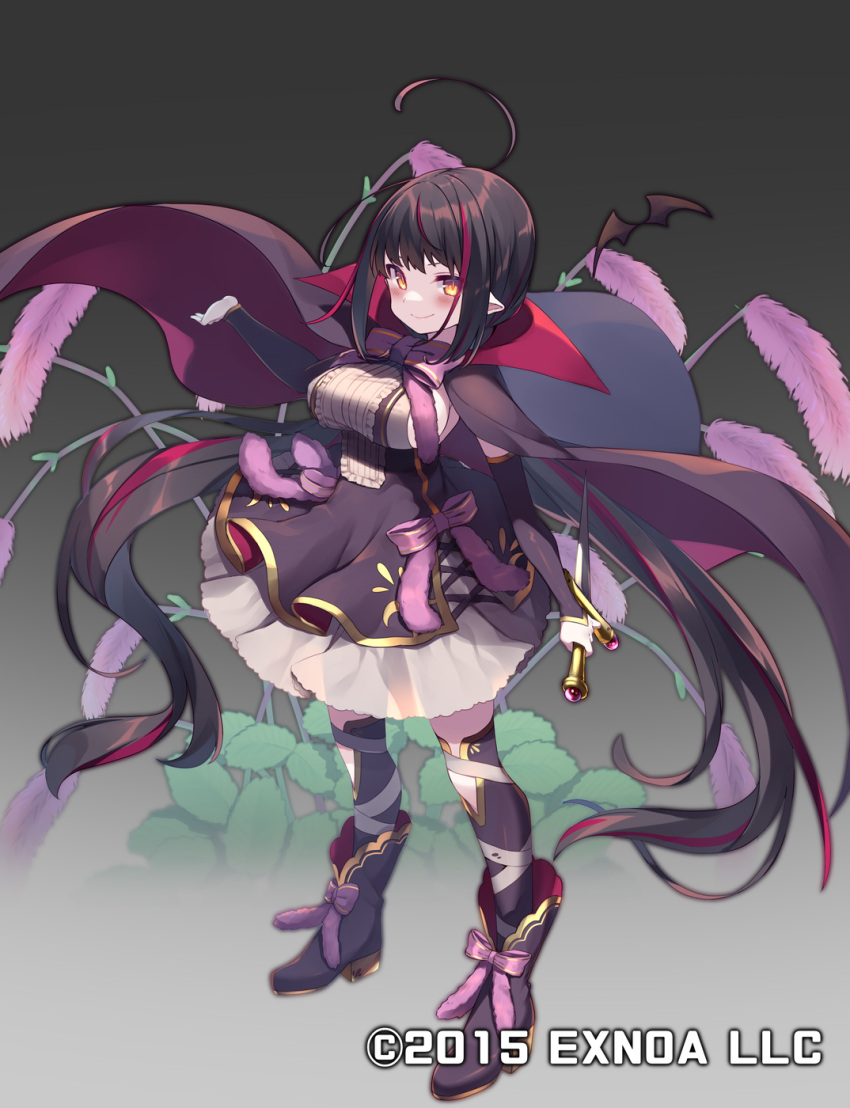 ahoge black_hair blush boots bow bowtie breasts cape commentary_request dagger detached_sleeves female flower_knight_girl footwear_bow full_body gradient_background grey_background highres karaitosou_(flower_knight_girl) knife large_breasts long_hair long_sleeves multicolored_hair official_art pointy_ears purple_bow red_hair see-through_silhouette smirk solo standing streaked_hair thighhighs usamata very_long_hair weapon yellow_eyes