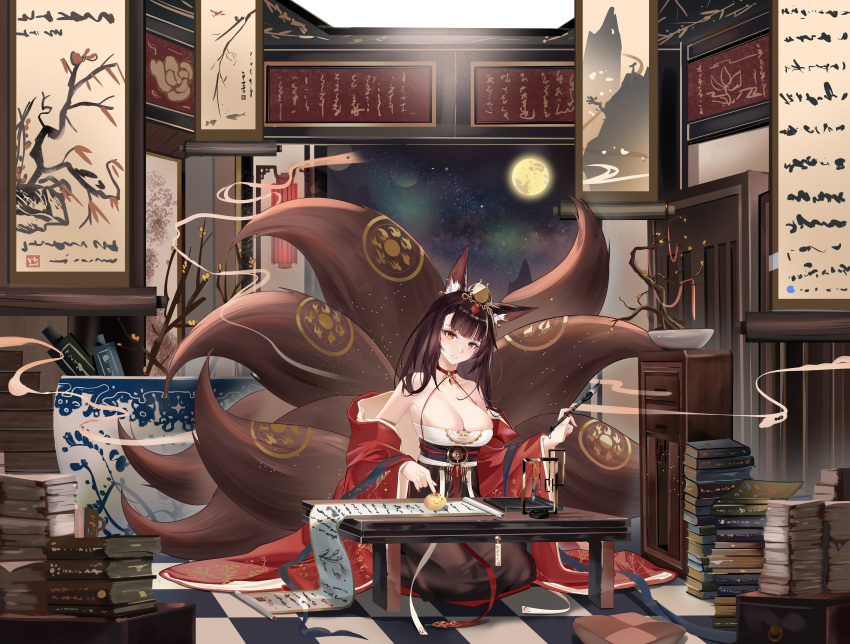 >_< absurdres akagi_(azur_lane) akagi_(dawn_phoenix's_summons)_(azur_lane) animal_ear_fluff animal_ears azur_lane bare_shoulders book breasts brown_dress brown_hair brown_tail checkered_floor chinese_clothes cleavage dress female fox_ears full_moon hanging_scroll highres holding holding_brush indoors japanese_clothes kimono kitsune kyuubi large_breasts long_hair looking_at_viewer manjuu_(azur_lane) moon multiple_tails night night_sky official_alternate_costume open_clothes open_kimono orange_eyes red_kimono red_nails sabou_san-shitsu_kokoro scroll sky solo tail tail_ornament