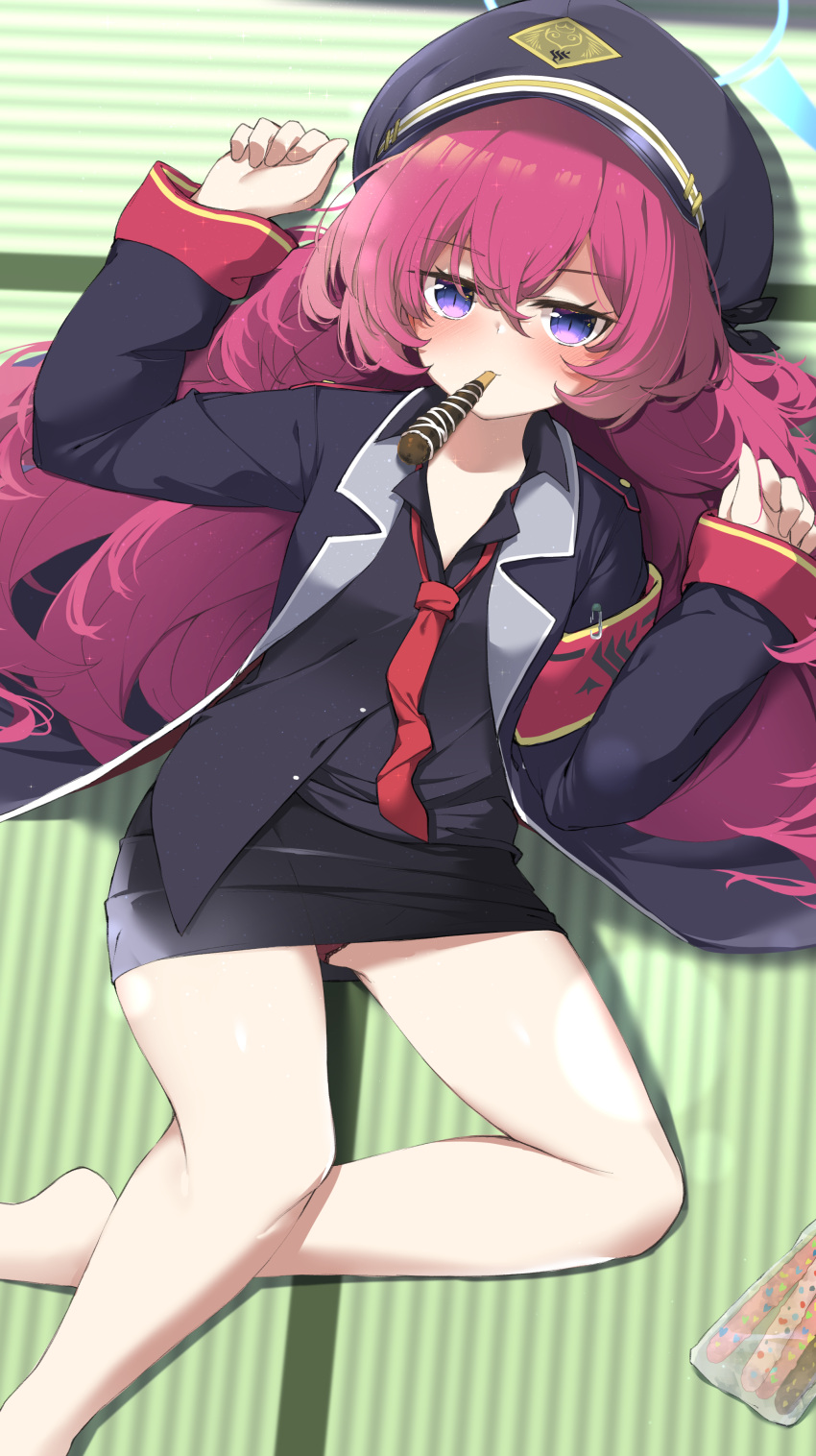 absurdres armband barefoot black_jacket black_shirt black_skirt blue_archive blush female foot_out_of_frame highres iroha_(blue_archive) jacket leglus legs long_hair looking_at_viewer necktie panties purple_eyes red_armband red_hair red_necktie red_panties school_uniform shirt skirt solo thighs underwear