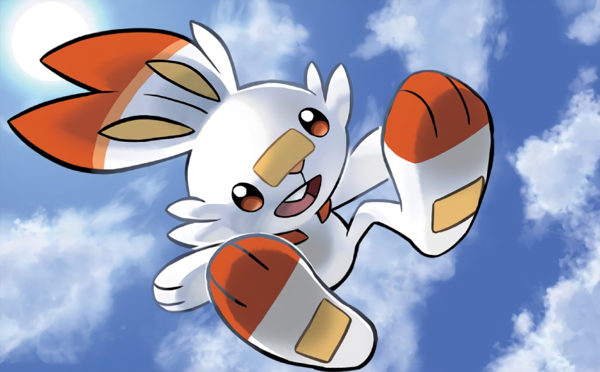 :d ariga_hitoshi blue_sky bunny cloud cloudy_sky creature day full_body gen_8_pokemon happy no_humans official_art open_mouth outdoors pokemon pokemon_(creature) pokemon_trading_card_game scorbunny sky smile solo