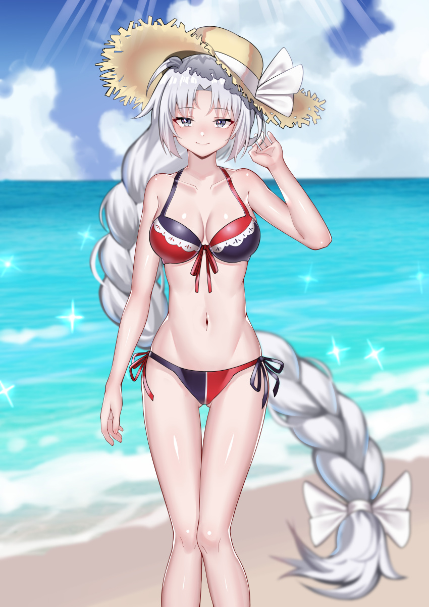 absurdly_long_hair absurdres ailu_elf beach bikini braid breasts chinese_commentary cloud commentary_request day feet_out_of_frame female hand_up hat highres long_hair looking_at_viewer medium_breasts ocean outdoors smile solo sparkle straw_hat swimsuit touhou very_long_hair water white_hair yagokoro_eirin