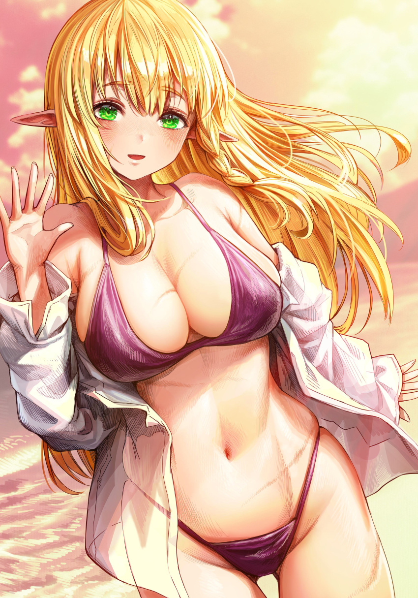 absurdres ass_visible_through_thighs bare_shoulders beach bikini bikini_under_clothes blonde_hair boroboro_no_elf-san_o_shiawaseni_suru_kusuri_uri-san braid breasts commentary_request cowboy_shot elf female gibagiba green_eyes highres large_breasts long_hair looking_at_viewer navel off_shoulder open_hand open_mouth outdoors pointy_ears reszurre sand scar scar_on_arm scar_on_breasts scar_on_cheek scar_on_face scar_on_leg scar_on_stomach see-through see-through_shirt shirt sideboob skindentation smile solo stomach swimsuit water waving