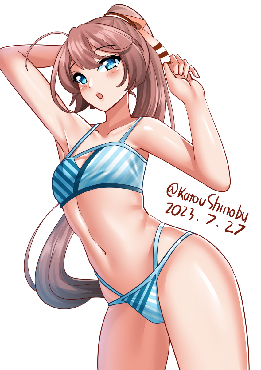 absurdres aqua_eyes arm_behind_head armpits bikini breasts brown_hair cowboy_shot dated female hair_ribbon highres kantai_collection katou_shinobu kazagumo_(kancolle) kazagumo_(swimsuit_mode)_(kancolle) long_hair looking_at_viewer multi-strapped_bikini official_alternate_costume ponytail presenting_armpit ribbon simple_background small_breasts solo standing striped_bikini striped_clothes swimsuit twitter_username white_background