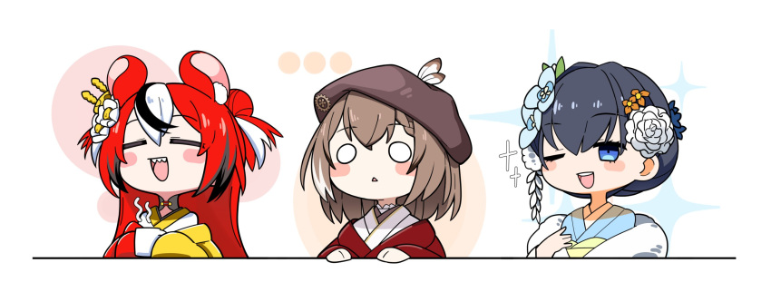 3girls beret blue_eyes blue_hair blush brown_eyes brown_hair commentary_request cup feathers flower hair_flower hair_ornament hakos_baelz hakos_baelz_(new_year) hat highres hololive hololive_english japanese_clothes jb_jagbung kimono korean_commentary looking_at_viewer mug multicolored_hair multiple_girls nanashi_mumei nanashi_mumei_(new_year) o_o official_alternate_costume one_eye_closed ouro_kronii ouro_kronii_(new_year) red_hair red_shawl shawl smile sparkle streaked_hair triangle_mouth virtual_youtuber