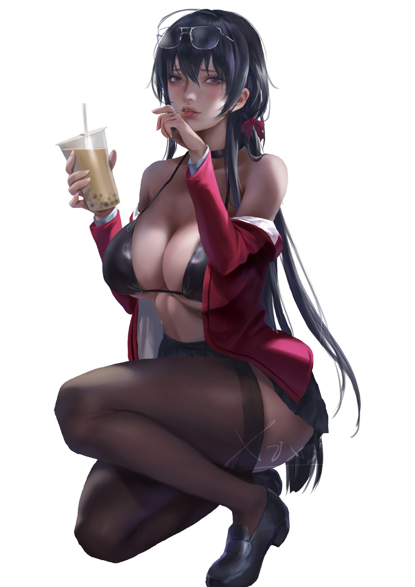 ahoge azur_lane bag black_bra black_choker black_footwear black_skirt bra breasts brown_thighhighs bubble_tea choker cleavage crossed_bangs cup disposable_cup drink drinking_straw eyewear_on_head female full_body highres holding holding_cup holding_drink huge_ahoge jacket large_breasts lips long_hair looking_at_viewer miniskirt nose open_clothes open_jacket pleated_skirt realistic red_eyes red_jacket round_eyewear school_bag shirt shoes skirt solo taihou_(azur_lane) thighhighs tongue tongue_out underwear very_long_hair xixi_(xixihenlan_ing)