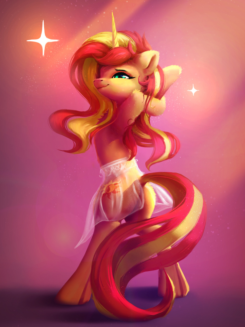 2023 absurd_res ass blonde_hair bottomwear clothing cutie_mark digital_media_(artwork) equestria_girls equid equine eyelashes female fur green_eyes hair hasbro hi_res horn itssim long_tail mammal my_little_pony mythological_creature mythological_equine mythology orange_body orange_fur red_hair red_tail semi-anthro skirt smile solo stretching sunset_shimmer_(eg) tail translucent translucent_bottomwear translucent_clothing translucent_skirt unicorn yellow_tail