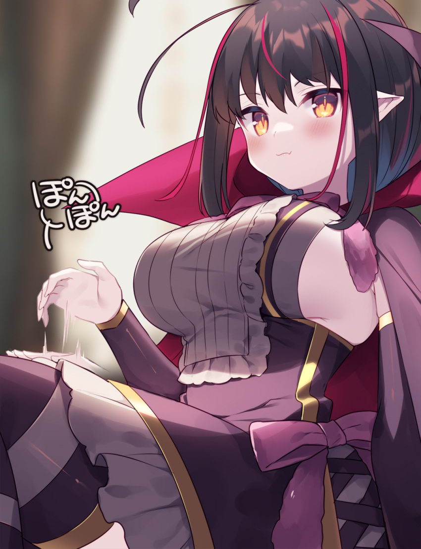 black_hair blush breasts commentary_request detached_sleeves female flower_knight_girl highres karaitosou_(flower_knight_girl) large_breasts long_sleeves looking_at_viewer looking_down multicolored_hair oerba_yun_fang patting_lap pointy_ears red_hair sideboob skin_fang solo streaked_hair usamata yellow_eyes