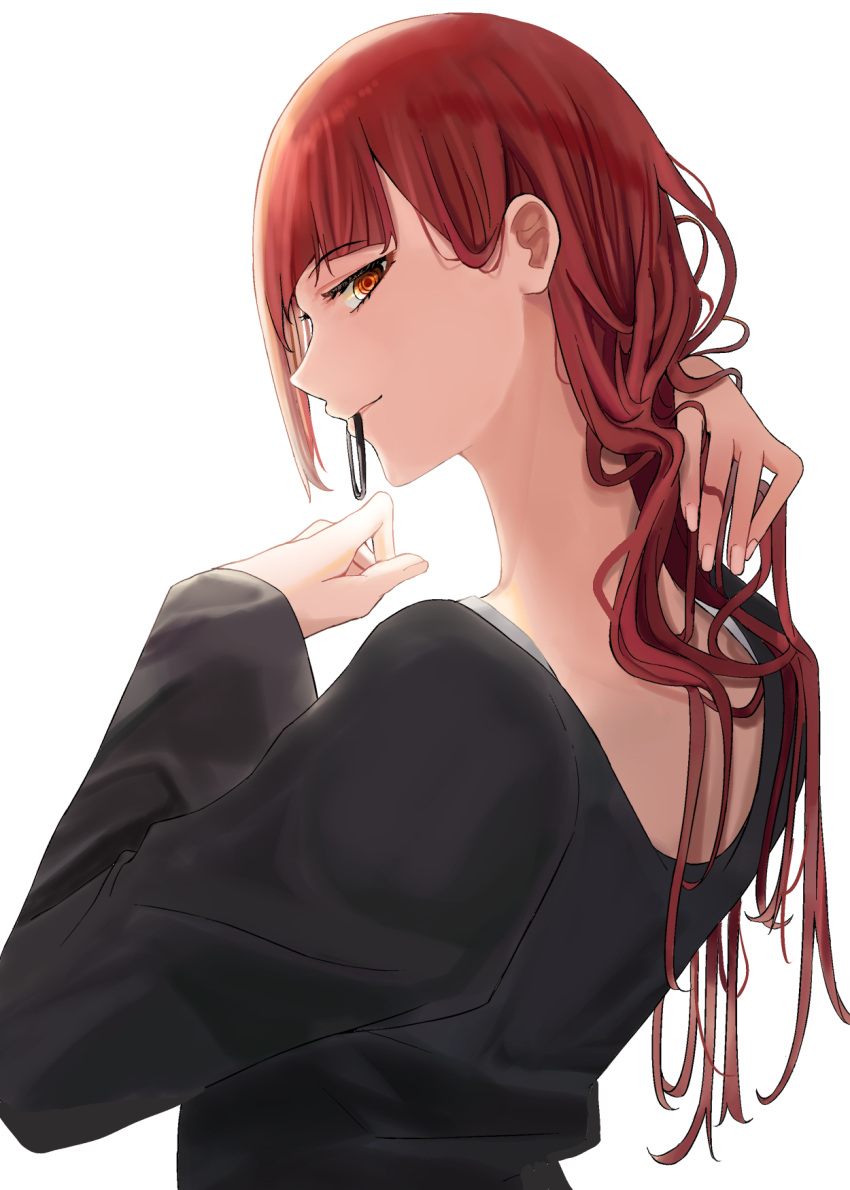 black_shirt brown_eyes chainsaw_man chisaku closed_mouth female from_side hair_down highres long_hair long_sleeves looking_at_viewer looking_back makima_(chainsaw_man) mouth_hold profile red_hair shirt simple_background solo straight_hair white_background