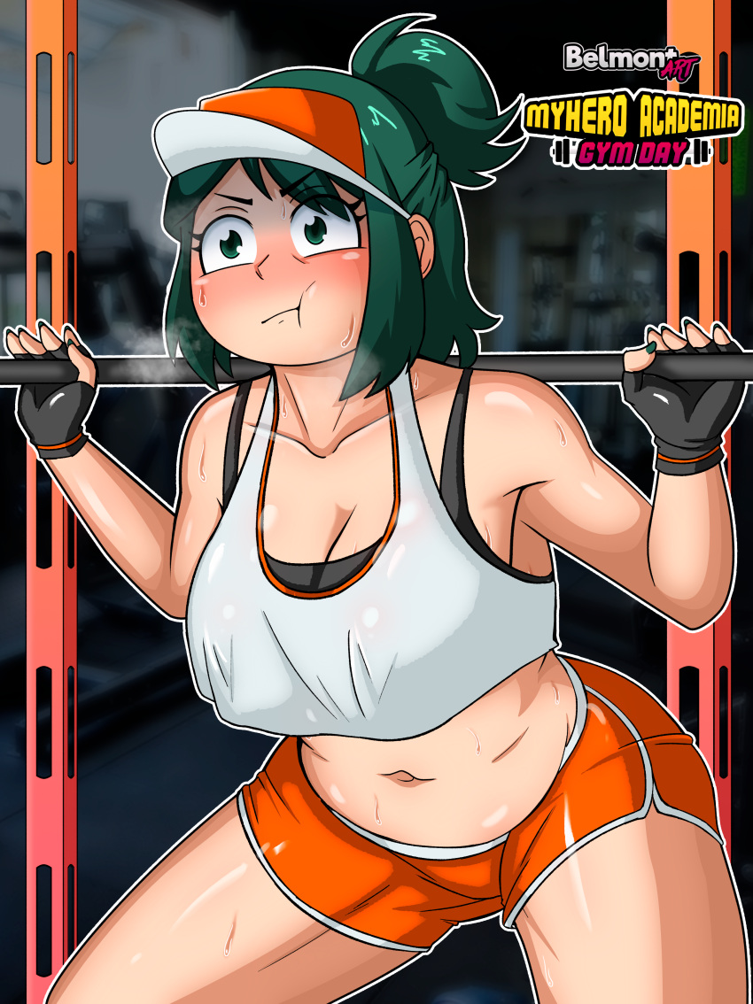 1girls belmont booty_shorts chubby green_hair hi_res inko_midoriya mature_female midriff milf mother my_hero_academia pinup solo sports_bra sportswear weightlifting workout workout_clothes