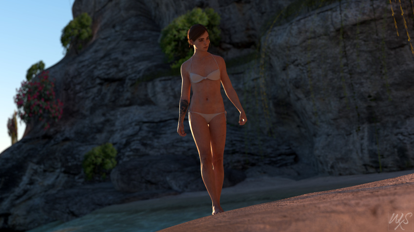 1girls 3d absurd_res athletic athletic_female barefoot beach belly_button bikini ellie_(the_last_of_us) ellie_williams female female_focus female_only flat_chest freckles hi_res human looking_away navel pale_skin panties sand scar side-tie_bikini solo solo_female sunlight tattoo the_last_of_us the_last_of_us_2 tied_hair walking weirdsciencex white_bikini