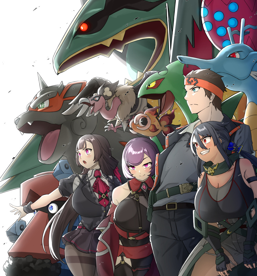 1boy 3girls absurdres aged_up arm_strap bandeau bare_shoulders between_breasts black_gloves black_hair black_pants black_pantyhose black_scarf black_shirt black_skirt black_tank_top black_vest blunt_bangs bodystocking breast_strap breasts brendan_(pokemon) brown_hair chi-yu_(pokemon) cleavage clenched_teeth coat collarbone collared_shirt commentary_request courtney_(pokemon) covered_navel cowboy_shot cutoffs dark-skinned_female dark_skin elbow_gloves fingerless_gloves frown garter_straps gauntlets gloves green_eyes grey_shorts group_picture hair_between_eyes hair_ribbon headband highres hisuian_arcanine hizakake huge_breasts kingdra leaning_forward long_hair looking_to_the_side low_ponytail mandibuzz mega_pokemon mega_rayquaza mega_sceptile multiple_girls necktie off-shoulder_coat off_shoulder open_clothes open_mouth open_vest orange_headband pants pantyhose pink_eyes pink_necktie pleated_skirt pokemon pokemon_(creature) pokemon_oras probopass purple_eyes purple_hair rayquaza red_bandeau red_coat red_eyes red_skirt regidrago ribbon roxanne_(pokemon) scarf sceptile shirt short_hair short_sleeves shorts sidelocks simple_background single_garter_strap single_leg_pantyhose single_thighhigh skirt smile standing strap_between_breasts swept_bangs tank_top teeth thighband_pantyhose thighhighs twintails upper_teeth_only very_long_hair vest waist_cape white_background white_shirt wrist_cuffs zinnia_(pokemon)