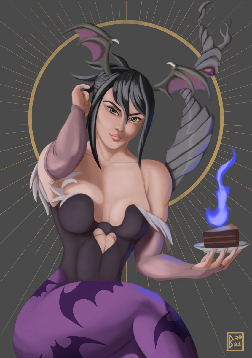 1girls bender-j black_hair breasts brown_eyes cake clothing cosplay crossover dark_hair darkstalkers female female_only head_wings human leggings morrigan_aensland morrigan_aensland_(cosplay) name_connection small_breasts succubus thick_thighs vampire_savior