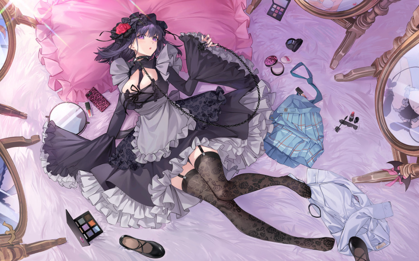 :o absurdres apron bed_sheet between_breasts black_choker black_dress black_garter_straps black_hair black_hairband black_necktie black_thighhighs blush breasts cellphone chain_leash chains choker cleavage cleavage_cutout clothing_cutout cosmetics cosplay dress female fingernails floral_print flower frilled_hairband frilled_sleeves frills garter_straps grey_apron hair_flower hair_ornament hairband highres kitagawa_marin knees_together_feet_apart kuroe_shizuku kuroe_shizuku_(cosplay) large_breasts leash lipstick looking_at_viewer lying makeup mirror nail_polish necktie necktie_between_breasts nianbingzi on_back phone pillow purple_eyes shoes skirt solo sono_bisque_doll_wa_koi_wo_suru thighhighs toes unworn_shirt unworn_shoes unworn_skirt wide_sleeves zettai_ryouiki