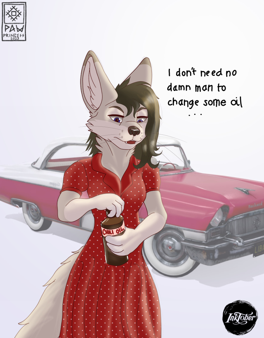 1950s absurd_res alternative_fashion breasts canid canine car cleavage clothed clothing dress english_text female fennec_fox fox hi_res inktober inktoberchallenge mammal motor_vehicle packard pawprincess polka_dots rockabilly sandy_fur text true_fox vehicle vintage vintage_car