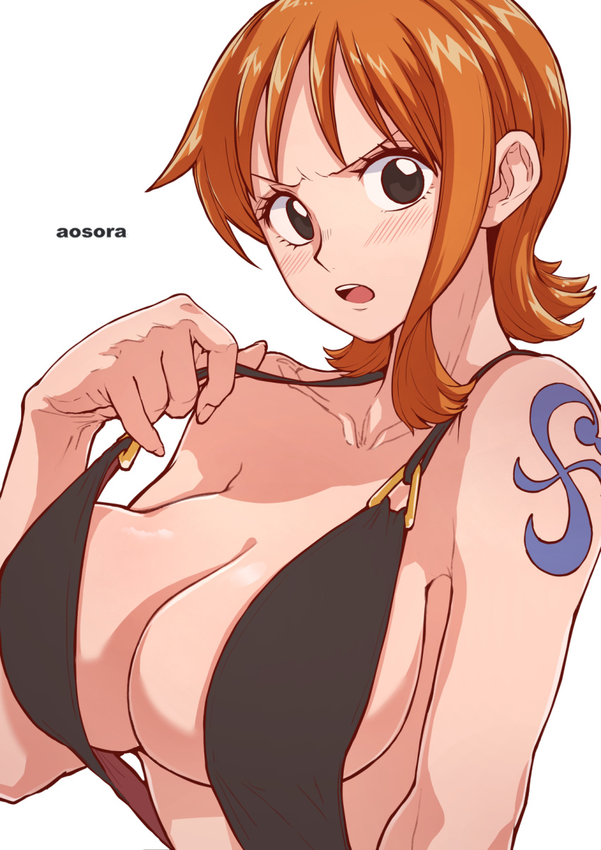 aosora2823 artist_name black_dress black_eyes blush breasts collarbone commentary dress female fingernails highres large_breasts looking_at_viewer nami_(one_piece) one_piece open_mouth orange_hair short_hair shoulder_tattoo simple_background slingshot_dress solo tattoo teeth upper_body upper_teeth_only white_background