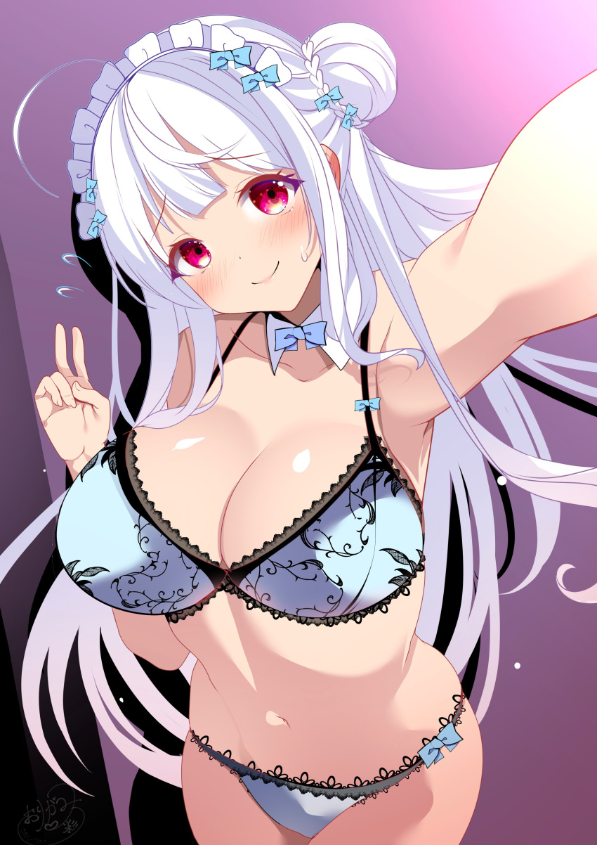 absurdres azur_lane blue_bow blue_bowtie bow bowtie bra breasts cowboy_shot cygnet_(azur_lane) detached_collar double_bun female flying_sweatdrops hair_bun highres lace-trimmed_bra lace-trimmed_panties lace_trim large_breasts lingerie long_hair maid_headdress origami_aya panties purple_background red_eyes selfie solo underwear underwear_only white_hair