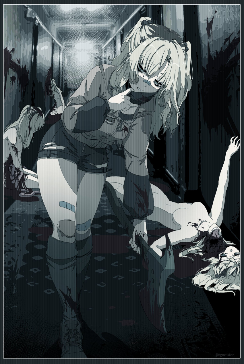 4girls axe bandaid bandaid_on_face bandaid_on_knee bandaid_on_leg bandaid_on_nose blood blood_on_clothes blood_on_weapon blood_splatter blood_stain border completely_nude corpse death decapitation disembowelment earrings empty_eyes english_commentary guro hair_between_eyes halloween highres holding holding_axe jacket jewelry juniper_(artist) kneehighs leaning_forward mask medium_hair monochrome mouth_mask multiple_girls muted_color nude original ringed_eyes shorts socks solo_focus standing torn_clothes twintails twitter_username weapon