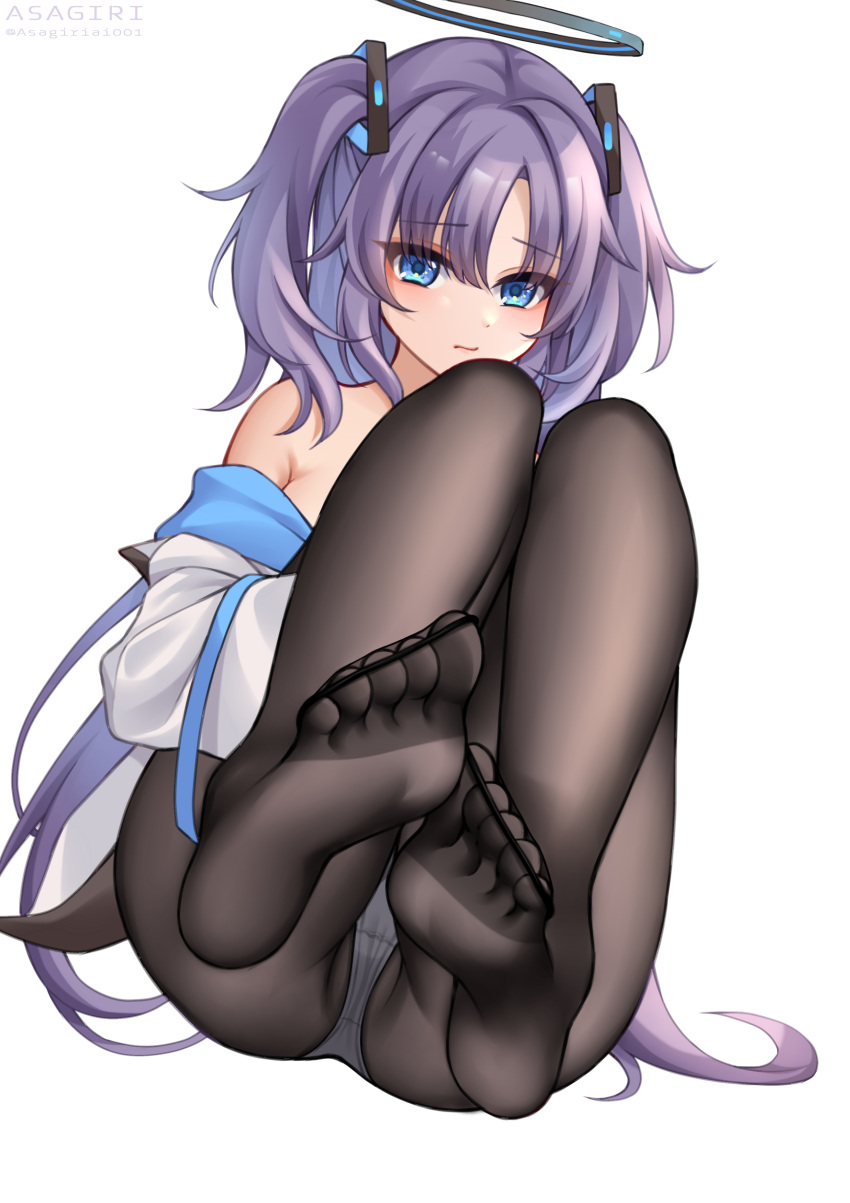 absurdres asagiri_ai ass black_pantyhose blue_archive blush closed_mouth commentary_request feet female full_body halo highres jacket long_hair looking_at_viewer mechanical_halo multicolored_clothes multicolored_jacket panties panties_under_pantyhose pantyhose purple_eyes purple_hair simple_background solo two-tone_jacket two_side_up underwear white_background white_jacket white_panties yuuka_(blue_archive)