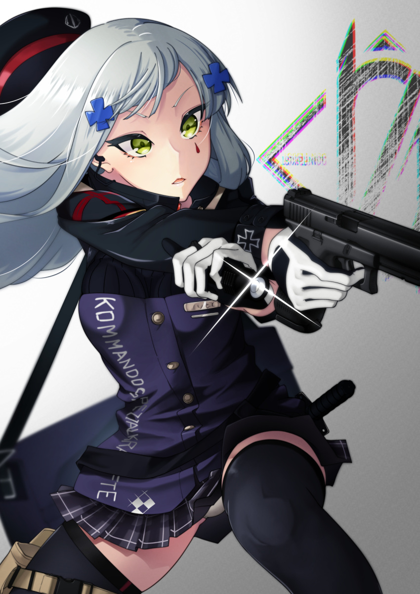 aiming beret black_headwear black_thighhighs breasts cross_hair_ornament female finger_on_trigger flashlight girls'_frontline glock gloves green_eyes grey_hair gun hair_ornament handgun hat highres hk416_(girls'_frontline) holding holding_flashlight holding_weapon holster jacket long_hair multicolored_clothes multicolored_jacket nakiusagi panties pantyshot pleated_skirt purple_jacket skirt teardrop_facial_mark teardrop_tattoo thigh_holster thighhighs underwear weapon