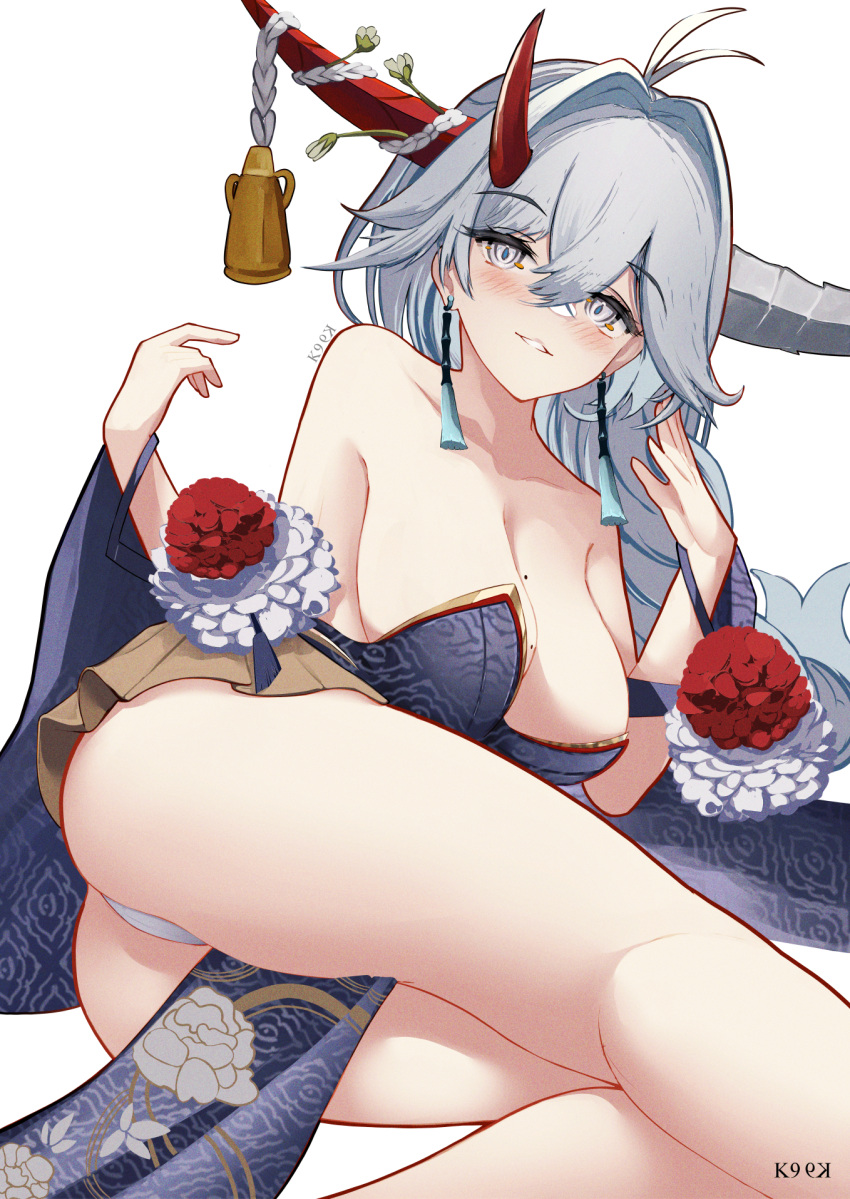 antenna_hair artist_name ass azur_lane beckoning blue_kimono blush breasts cleavage commentary_request crossed_bangs female floral_print grey_eyes grey_hair grin hair_between_eyes hair_intakes hakuryuu_(azur_lane) hakuryuu_(flash_of_silk_and_strings)_(azur_lane) highres horn_bell horn_flower horns huge_breasts japanese_clothes kainines kimono lounging mole mole_on_breast panties simple_background smile thighs underwear white_background white_panties