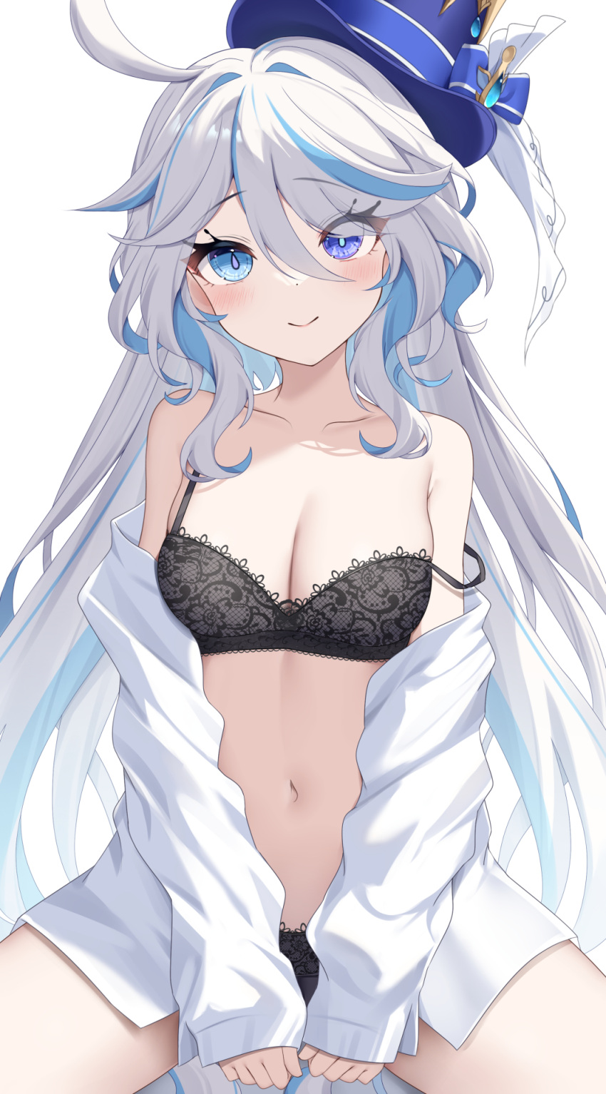 ahoge bare_shoulders black_bra blue_eyes blue_hair blue_hat blush bra breasts cleavage collarbone commentary_request female furina_(genshin_impact) genshin_impact hair_intakes hat highres multicolored_hair navel nyuu_(pixiv12143565) open_clothes open_shirt shirt simple_background solo stomach strap_slip streaked_hair thighs top_hat underwear white_background white_hair white_shirt