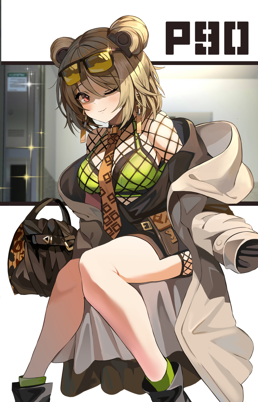 absurdres bag black_footwear blush bow brown_coat brown_hair chain_earrings chains character_name closed_mouth coat commission double_bun earrings eyewear_on_head feet_out_of_frame female girls'_frontline green_bow green_socks hair_between_eyes hair_bun handbag highres jewelry looking_at_viewer md5_mismatch necktie off_shoulder one_eye_closed p90_(girls'_frontline) p90_(the_girl_from_b.e.l)_(girls'_frontline) pixiv_commission red_eyes sitting skindentation smile socks solo sparkle sports_bra sylph_kim tinted_eyewear two-tone_sports_bra underwear yellow-tinted_eyewear