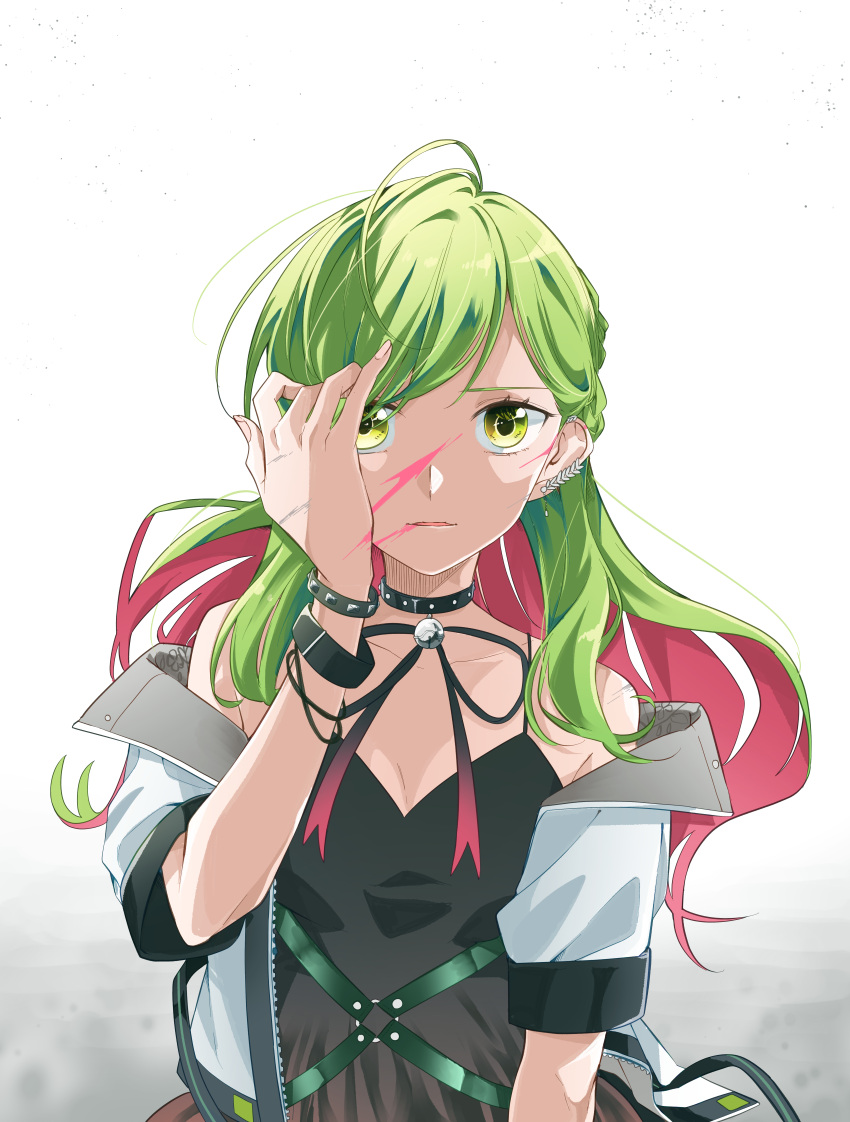 absurdres ahoge bare_shoulders black_bracelet black_choker black_dress bracelet braid breasts choker cleavage collarbone colored_inner_hair commentary_request dress earrings female floating_hair green_eyes green_hair grey_background highres jacket jewelry kashikaze long_hair looking_at_viewer morinaka_kazaki morinaka_kazaki_(adult) multicolored_hair nijisanji off_shoulder open_clothes open_jacket parted_lips pink_hair short_sleeves solo spaghetti_strap studded_bracelet two-tone_hair upper_body virtual_youtuber white_jacket zipper