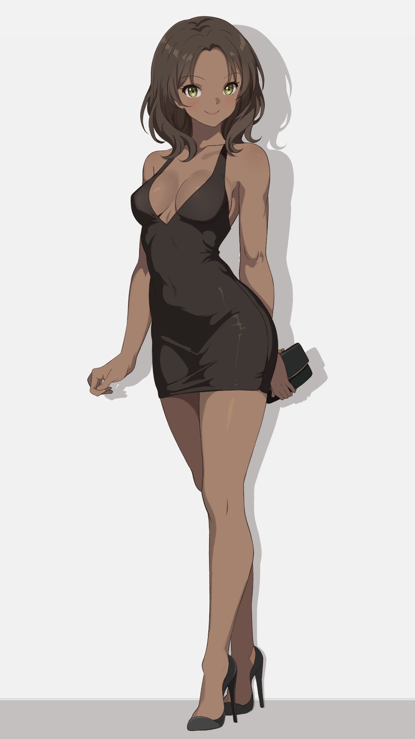 arm_behind_back black_dress black_footwear breasts brown_eyes brown_hair chocomiru cleavage commentary dark-skinned_female dark_skin dress english_commentary female full_body high_heels highres looking_at_viewer medium_breasts medium_hair original shadow simple_background smile solo variant_set white_background women's_wallet