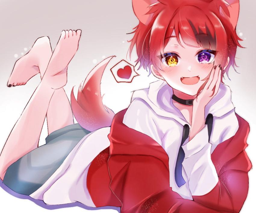 1boy animal_ears barefoot black_choker brown_hair choker dog_boy dog_ears feet grey_shorts gumi_(framboise_5204) hair_between_eyes heart heterochromia hood hooded_jacket hoodie jacket long_sleeves male_focus multicolored_hair open_mouth purple_eyes red_hair red_hood red_jacket rinu_(stpri) short_hair shorts smile solo strawberry_prince toes utaite white_hoodie yellow_eyes