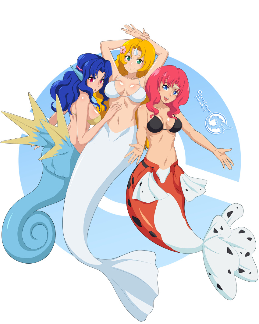 4:5 absurd_res alpha_channel border bra breasts clothing daisy_(pokemon) dewgong female generation_1_pokemon group hands_behind_head hi_res horn horned_humanoid humanoid lily_(pokemon) looking_back marine markings merfolk mole_(marking) monster_girl_(genre) nintendo orcaleon pokemon pokemon_(species) seadra seaking sibling_(lore) side_boob sister_(lore) sisters_(lore) split_form transparent_border trio underwear violet_(pokemon)