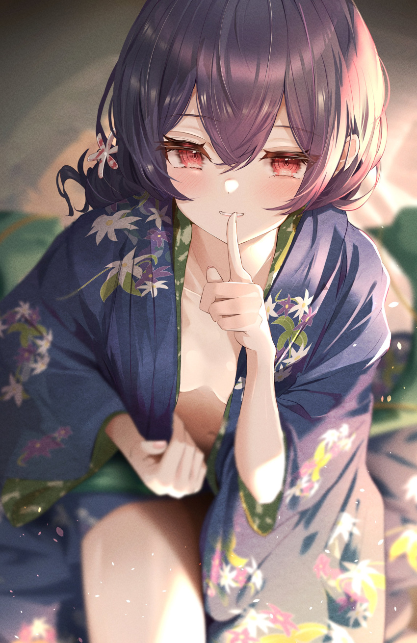 absurdres bed blurry blurry_background blush breasts closed_mouth collarbone commentary_request downblouse extended_downblouse female finger_to_mouth hair_between_eyes hair_ornament highres idolmaster idolmaster_shiny_colors japanese_clothes kimono looking_at_viewer medium_hair morino_rinze navel red_eyes sky_cappuccino small_breasts undressing yukata