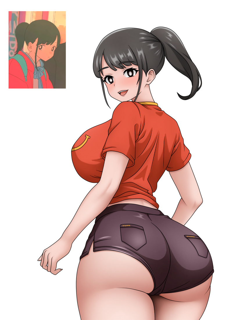 :d absurdres alternate_breast_size alternate_costume ass bad_id bad_pixiv_id black_eyes black_hair black_shorts breasts bright_pupils clothes_pull commentary english_commentary female girlfriend_(yoru_mac) highres huge_breasts long_hair looking_at_viewer looking_back mcdonald's ponytail pzpana red_shirt reference_inset shirt short_sleeves shorts shorts_pull simple_background smile solo white_background yoru_mac