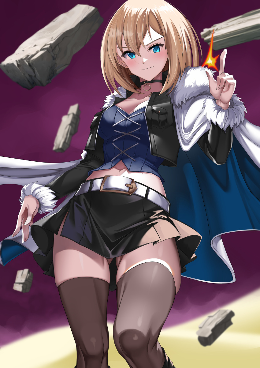 absurdres ass_visible_through_thighs belt black_choker black_thighhighs blonde_hair blue_eyes breasts cape carrera_(tensei_shitara_slime_datta_ken) choker cleavage crop_top cropped_jacket female floating floating_object floating_rock fur-trimmed_cape fur_trim highres indy_k jacket looking_at_viewer medium_breasts midriff open_clothes open_jacket short_hair skirt solo tensei_shitara_slime_datta_ken thighhighs white_belt