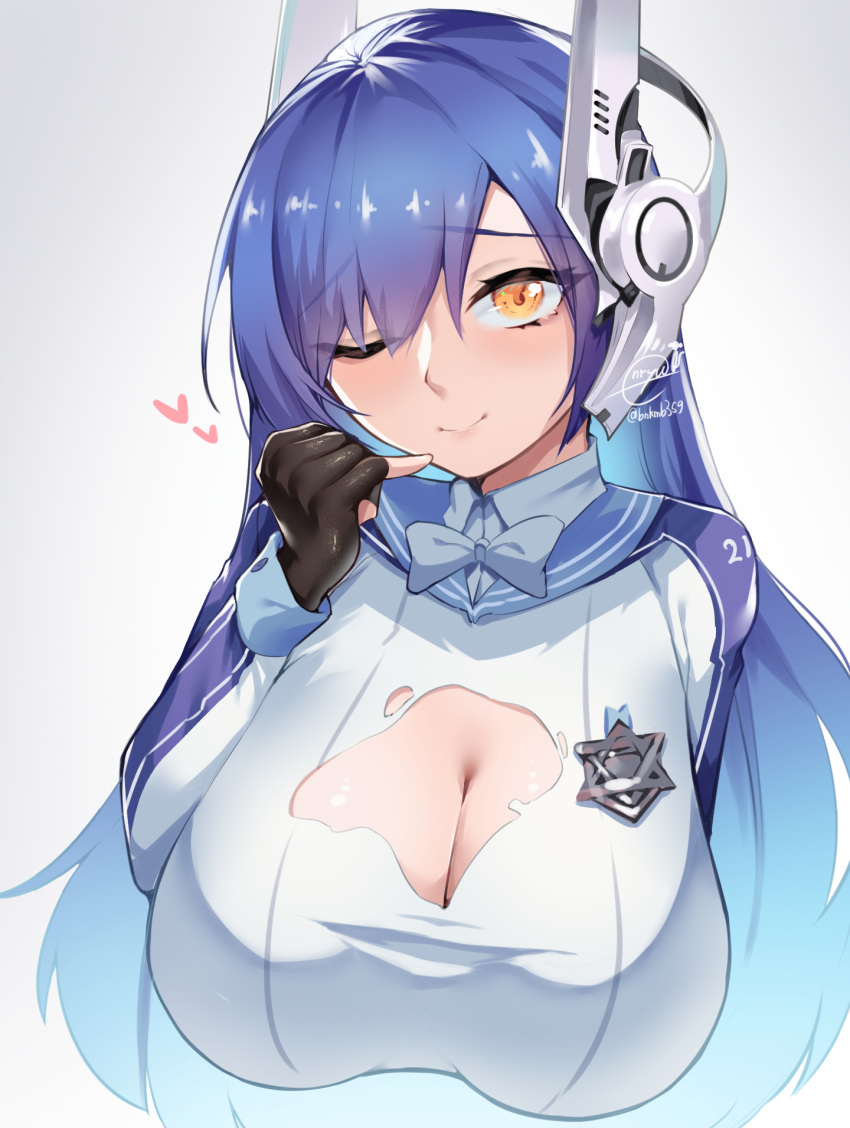 blue_hair bow bowtie breasts cleavage commission enryuu_(rmxs3488) female fingerless_gloves girls'_frontline gloves headgear heart hexagram highres long_hair looking_at_viewer one_eye_closed pinky_out pixiv_commission sailor_collar smile star_of_david tar-21_(girls'_frontline) torn_clothes upper_body white_bow white_bowtie