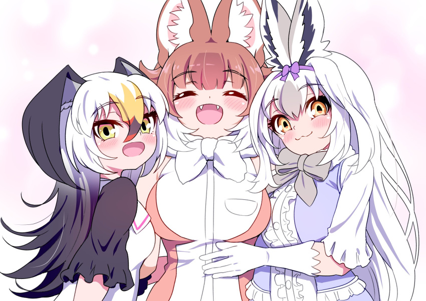 3girls animal_ears bare_shoulders bird_girl bird_wings black-tailed_gull_(kemono_friends) black_hair blonde_hair blush bow bowtie breasts brown_hair closed_eyes dhole_(kemono_friends) dog_ears dog_girl dress extra_ears fangs frills gloves grey_hair hair_between_eyes hair_ornament head_wings highres kemono_friends kemono_friends_3 large_breasts long_hair looking_at_viewer mamiyama multicolored_hair multiple_girls open_mouth rabbit_ears rabbit_girl shirt short_hair short_sleeves simple_background skirt sleeveless smile snowshoe_hare_(kemono_friends) tail two-tone_hair white_hair wings yellow_eyes