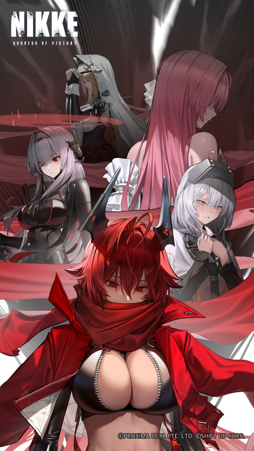 5girls blonde_hair breasts cleavage closed_eyes closed_mouth crying crying_with_eyes_open depressed dorothy_(nikke) dress goddess_(nikke) goddess_of_victory:_nikke goggles goggles_on_head grey_hair hands_on_own_chest headpiece highres horns jacket k.pumpkin large_breasts long_hair long_sleeves multiple_girls official_art own_hands_together pink_hair rapunzel_(nikke) red_eyes red_hood_(nikke) scarlet_(black_shadow)_(nikke) scarlet_(nikke) second-party_source snow_white_(innocent_days)_(nikke) snow_white_(nikke) tears watermark white_dress white_hair yellow_eyes zipper