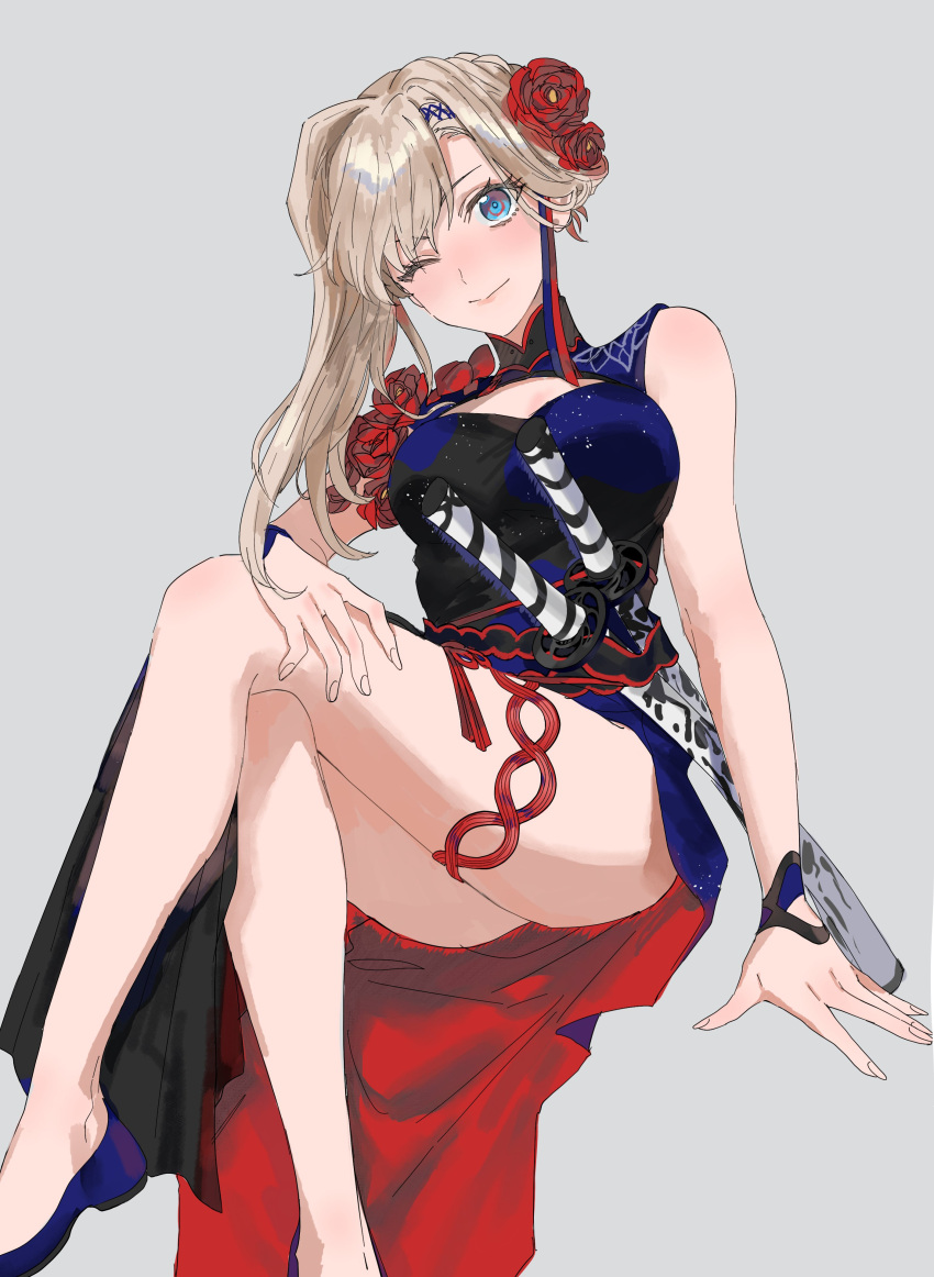 absurdres arm_support asymmetrical_hair black_dress blonde_hair blue_dress blue_eyes blue_footwear blush breasts cleavage_cutout clothing_cutout commentary_request crossed_legs dress eyelashes fate/samurai_remnant fate_(series) female flower foot_out_of_frame grey_background hand_on_own_thigh highres invisible_chair katana large_breasts legs long_hair looking_at_viewer miyamoto_musashi_(fate) multicolored_clothes multicolored_dress one_eye_closed parted_bangs red_dress rose sheath sheathed side_slit sitting sleeveless sleeveless_dress solo sword weapon yurumawari