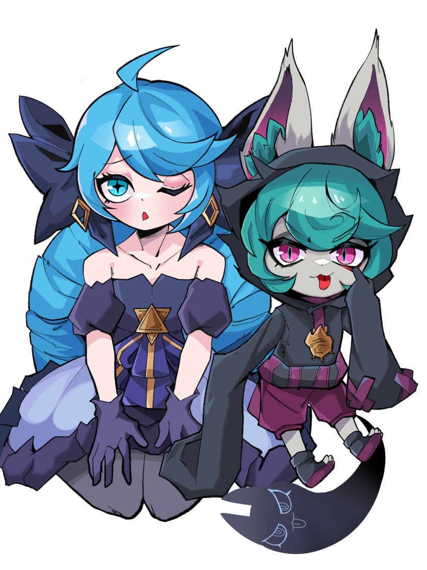 2girls :o :p bare_shoulders beseunaj-jamjaneun_gemdol-i black_bow black_dress black_hoodie blue_hair bow collarbone detached_sleeves dress ears_through_headwear frilled_dress frills gloves green_eyes grey_dress gwen_(league_of_legends) hairbow highres hood hood_up hoodie league_of_legends multiple_girls pink_eyes pink_shorts purple_gloves seiza shorts simple_background sitting slit_pupils smile swept_bangs toeless_footwear tongue tongue_out vex_(league_of_legends) white_background yordle