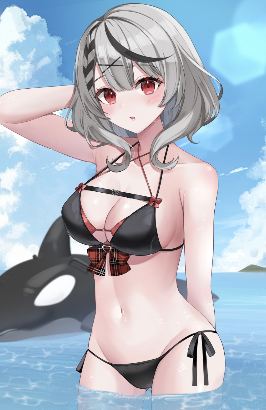 absurdres bare_shoulders bikini black_bikini black_hair blue_sky blush braid breasts cloud commentary cowboy_shot female grey_hair hair_ornament highres hololive inflatable_orca inflatable_toy kuroyuki_0713 large_breasts lens_flare looking_at_viewer multicolored_hair navel ocean outdoors red_eyes sakamata_chloe side-tie_bikini_bottom sky solo streaked_hair string_bikini swimsuit virtual_youtuber wading x_hair_ornament