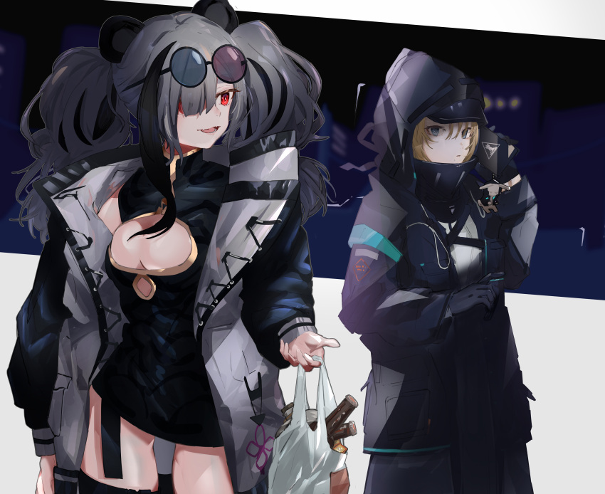 2girls absurdres animal_ears arknights bag black_coat black_dress black_gloves black_hair black_jacket blonde_hair blue_eyes breasts china_dress chinese_clothes cleavage cleavage_cutout clothing_cutout coat cowboy_shot doctor_(arknights) dress eyewear_on_head feater_(arknights) female_doctor_(arknights) gloves grey_hair hair_over_one_eye highres holding holding_bag hood hood_up hooded_coat hooded_jacket jacket large_breasts long_hair looking_at_viewer midu5 multicolored_coat multicolored_hair multiple_girls oerba_yun_fang open_clothes open_mouth panda_ears purple-tinted_eyewear red_eyes round_eyewear shirt skin_fang smile streaked_hair sunglasses tinted_eyewear twintails two-tone_coat white_shirt