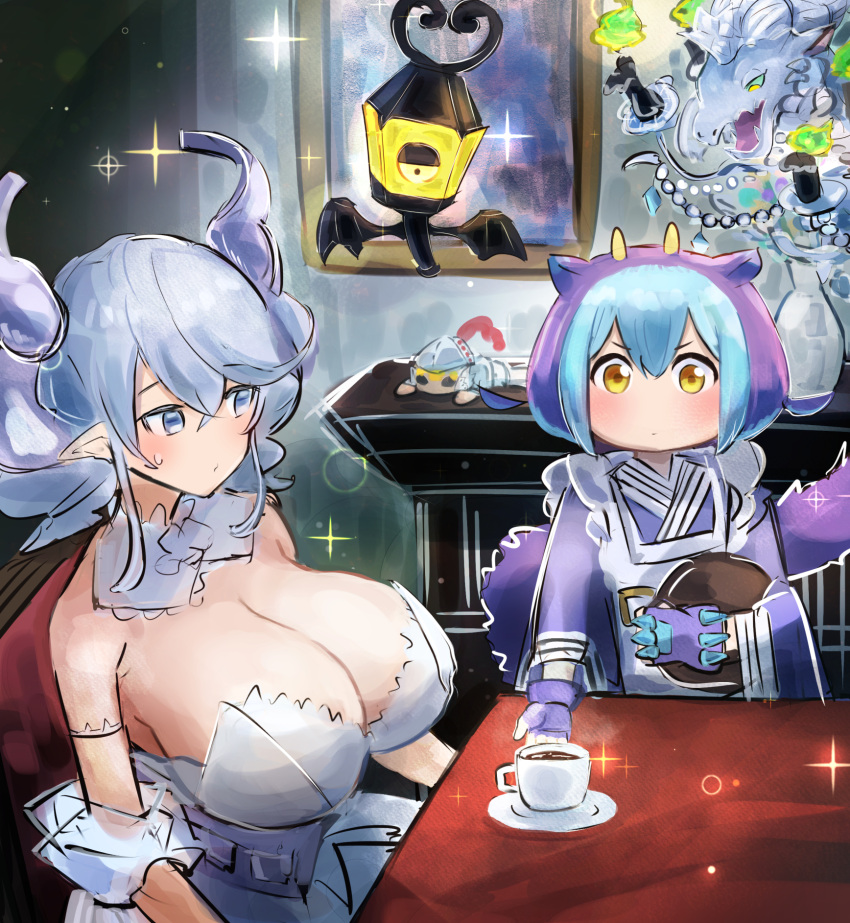 2girls blue_hair breasts cleavage coffee demon_girl demon_horns dragon_girl dress duel_monster grey_eyes grey_hair hatano_kiyoshi highres horns huge_breasts knight_(yu-gi-oh!) labrynth_chandraglier laundry_dragonmaid lovely_labrynth_of_the_silver_castle maid multiple_girls serving wa_maid white_dress yellow_eyes yu-gi-oh!