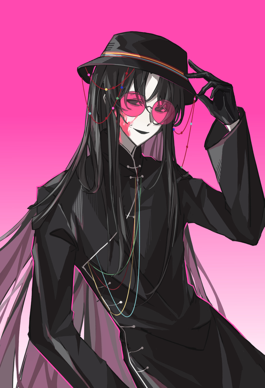 1boy absurdres beads black_coat black_eyes black_gloves black_hair black_hat blood blood_on_face blood_on_neck chinese_commentary coat commentary_request gloves hat highres huai_yunqing lingchuan_shannan long_hair long_sleeves male_focus mandarin_collar open_mouth pink-tinted_eyewear pink_background round_eyewear sidelocks smile solo tinted_eyewear touqi_guaitan upper_body