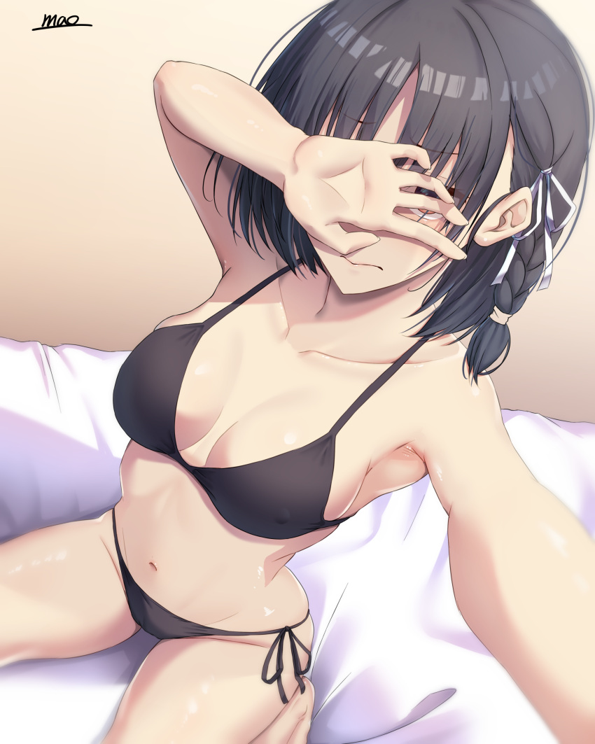 absurdres artist_name bikini black_bikini black_hair blush braid breasts breasts_apart closed_mouth collarbone covered_nipples covering_face embarrassed female hair_between_eyes highres horikita_suzune indoors looking_at_viewer m.a.o medium_breasts navel on_bed peeking_through_fingers red_eyes red_ribbon ribbon selfie short_hair side-tie_bikini_bottom sitting solo swimsuit wariza white_ribbon youkoso_jitsuryoku_shijou_shugi_no_kyoushitsu_e