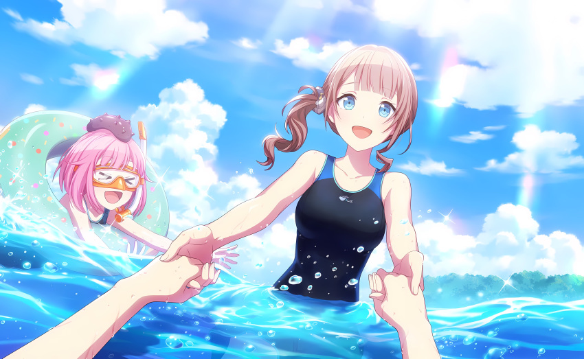 2girls absurdres beach blue_sky brown_hair highres mochizuki_honami multiple_girls non-web_source one-piece_swimsuit project_sekai sky swimsuit water