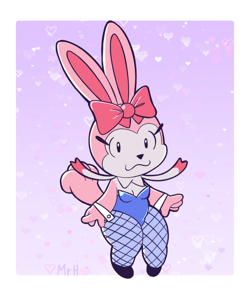 anthro bow_ribbon bunny_costume clothed clothing costume el_senor_erizo eyelashes female fishnet_clothing fishnet_legwear fur hi_res lagomorph legwear leporid mammal pal_(species) palworld pink_body pink_fur pocketpair rabbit ribbons ribbuny smile solo tail white_body