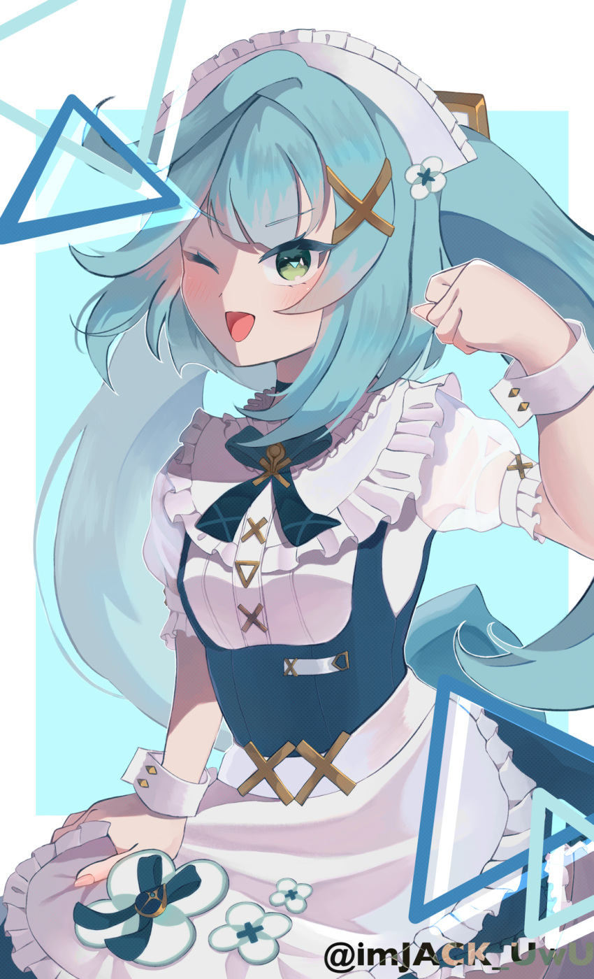 ;d alternate_costume apron aqua_hair blue_dress blush commentary_request dress enmaided faruzan_(cafe)_(genshin_impact) faruzan_(genshin_impact) female fingernails frilled_apron frills genshin_impact green_eyes hair_ornament hand_up highres j4ck long_hair maid maid_headdress official_alternate_costume one_eye_closed puffy_short_sleeves puffy_sleeves see-through see-through_sleeves short_sleeves skirt_hold smile solo symbol-shaped_pupils triangle-shaped_pupils twintails twitter_username very_long_hair waist_apron white_apron white_sleeve_cuffs x_hair_ornament